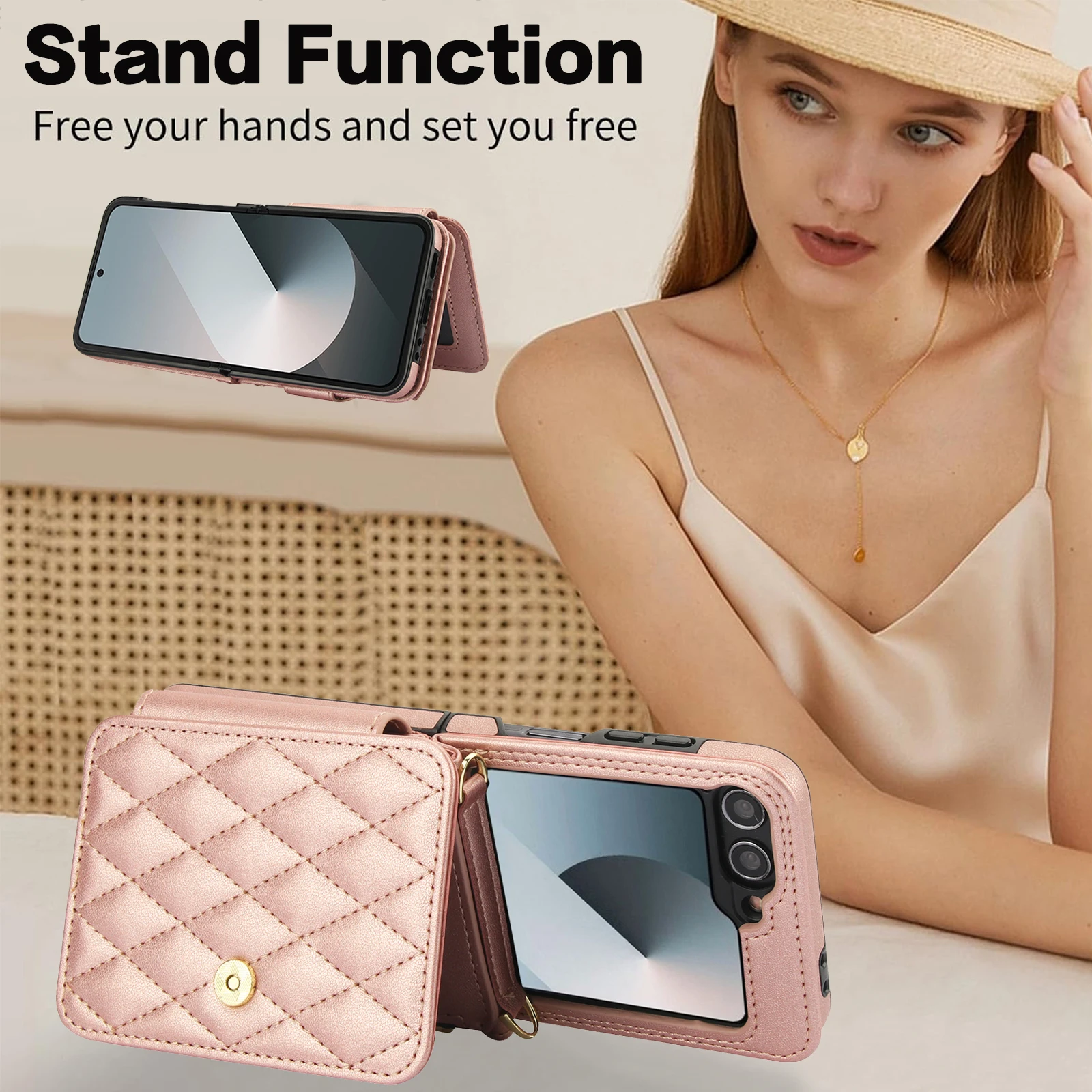 Crossbody Leather Wallet Case with Zipper and Card Slots - Grid Pattern and Long Lanyard