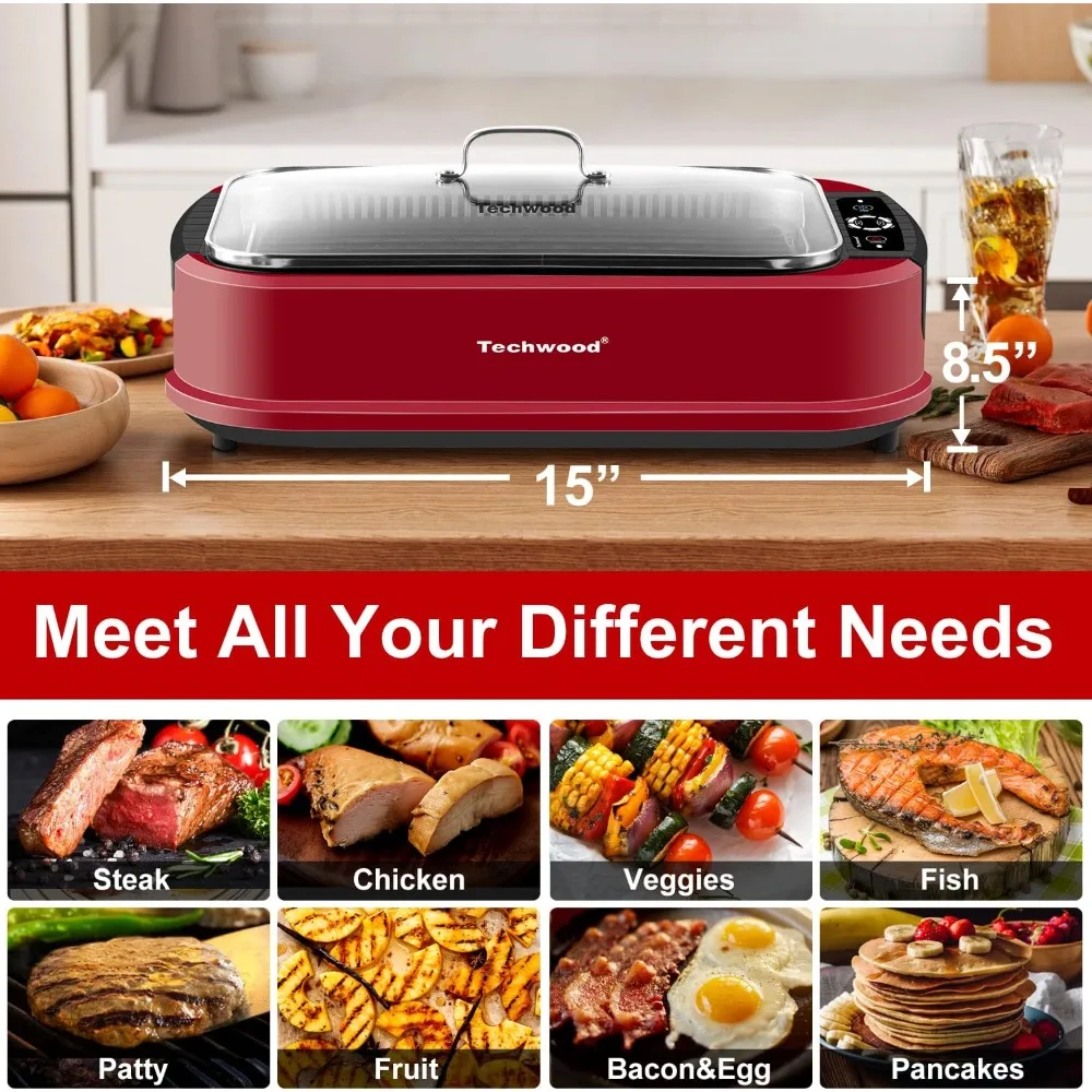 Indoor Smokeless Grill, Techwood 1500W Electric Indoor Grill with Tempered Glass Lid, Portable Non-stick BBQ Korean Grill 2