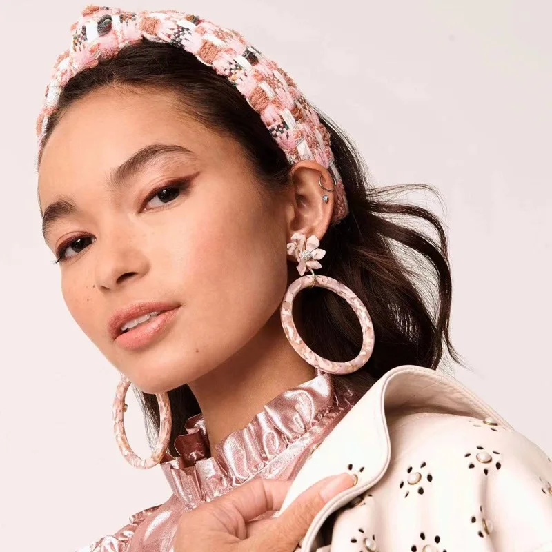 

Earrings Light Luxury Pink Flowers Large Circle Fashion Exaggerated Ear Clip Aretes De Mujer Pendientes Boucle D’Oreille