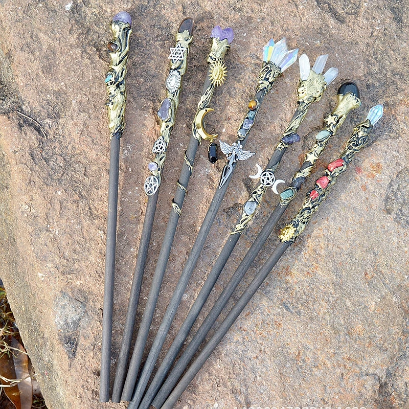 

Clear Quartz Aura Crystal Points Witch Scepter Amethyst Stone Fairy Stick Wand Witch's Altar Sun Moon Charms Decoration 1pc