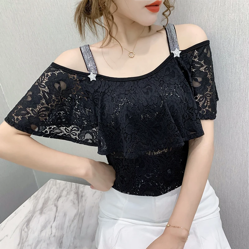 

2023 New Summer European Clothes Female T-Shirt Chic Sexy Off Shoulder Shiny Diamonds Women Short Sleeve Tops Lace Tees 32260