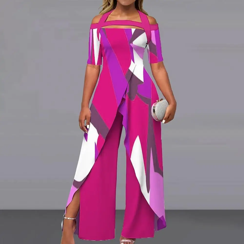 

Loose Fit Jumpsuit Stylish Women's Off Shoulder Jumpsuit Patchwork Split Wide Leg Pants Loose Fit Overalls for Summer