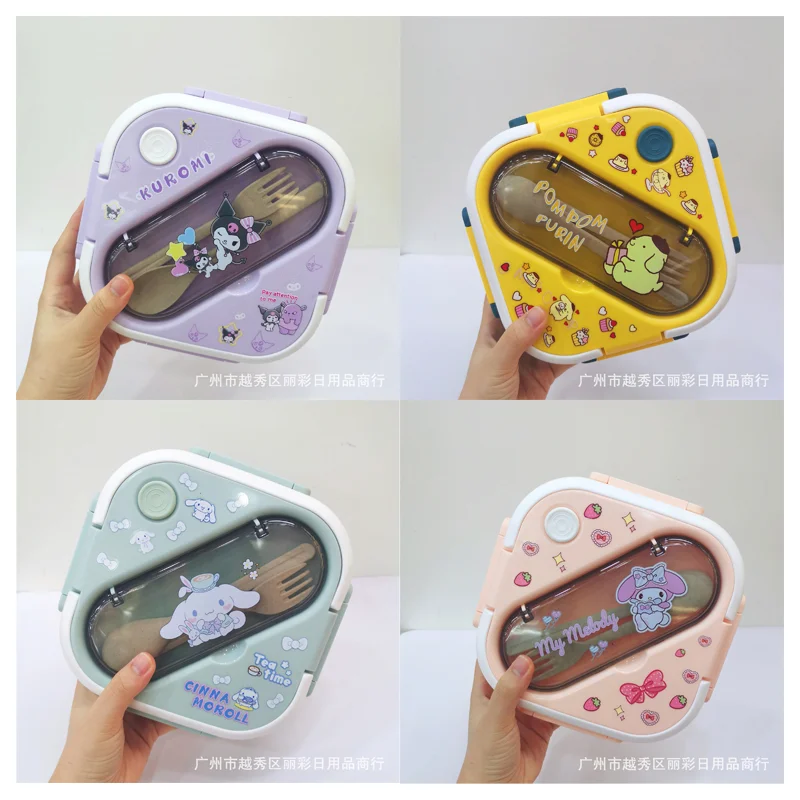 

Cartoon Cute Sanrioed Square Lunch Box Anime My Melody Cinnamoroll Purin Dog Kuromi Portable Spoon Fork Insulated Bento Box Set