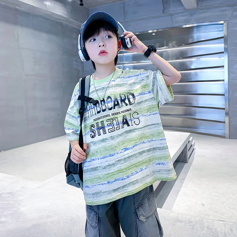 Boys Summer Striped Cotton Short SleeveTT-shirt2024New Children's Boys' Summer Korean Style Loose Top Fashion