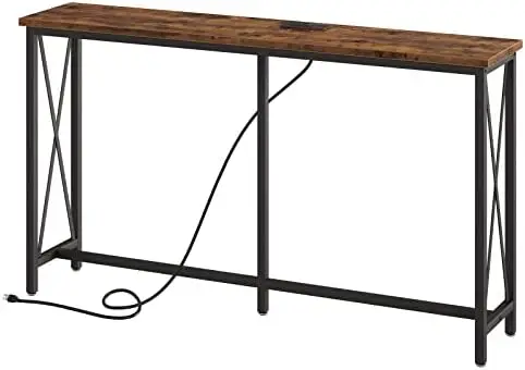 

Inch Console Table with 2 Outlet and 2 USB Ports, Extra Long Entryway Table with Metal Frame and X-Shaped Design, Narrow Sofa Ta