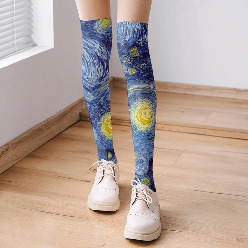 Oil Painting Long Stockings Sunflower Mona Lisa Thigh High Socks For Women Over Knee Cute The Starry Night Thin Legwear Van Gogh