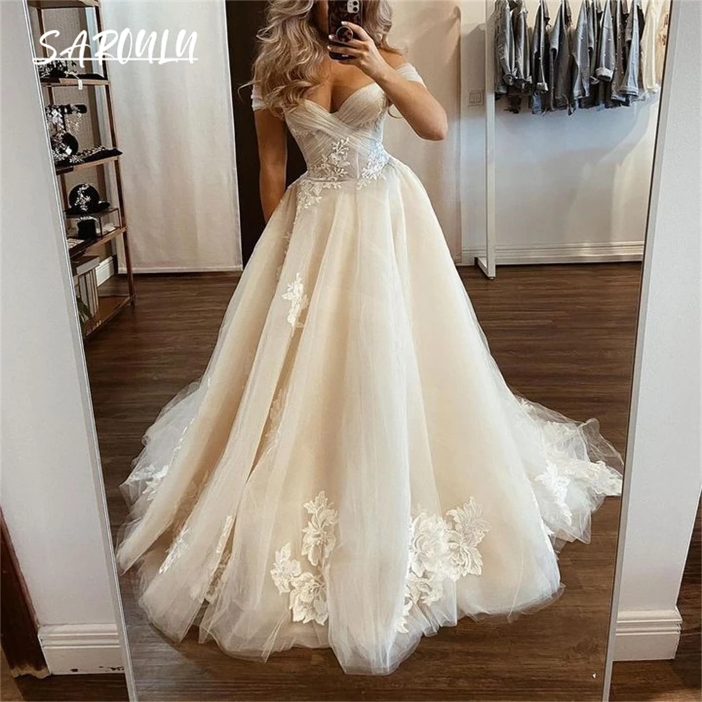 

Романтическое Тюлевое длинное свадебное платье с открытыми плечами и цветочной кружевной аппликацией, трапециевидные платья невесты со шнуровкой сзади