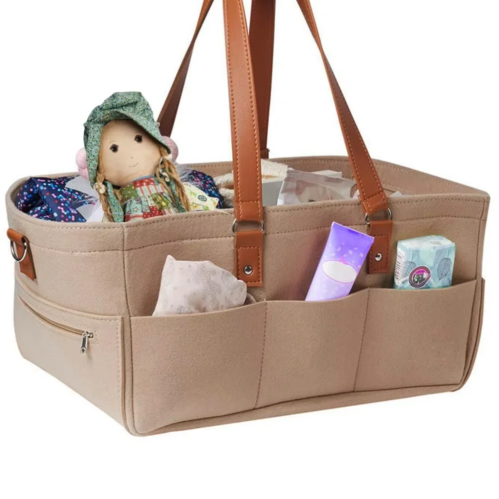 【Expert Recommended】 Baby Felt Storage Nursery Organizer Basket Infant Diaper Bag with Handle Caddy Changing Nappy Kids Storage Carrier Large Pocket.