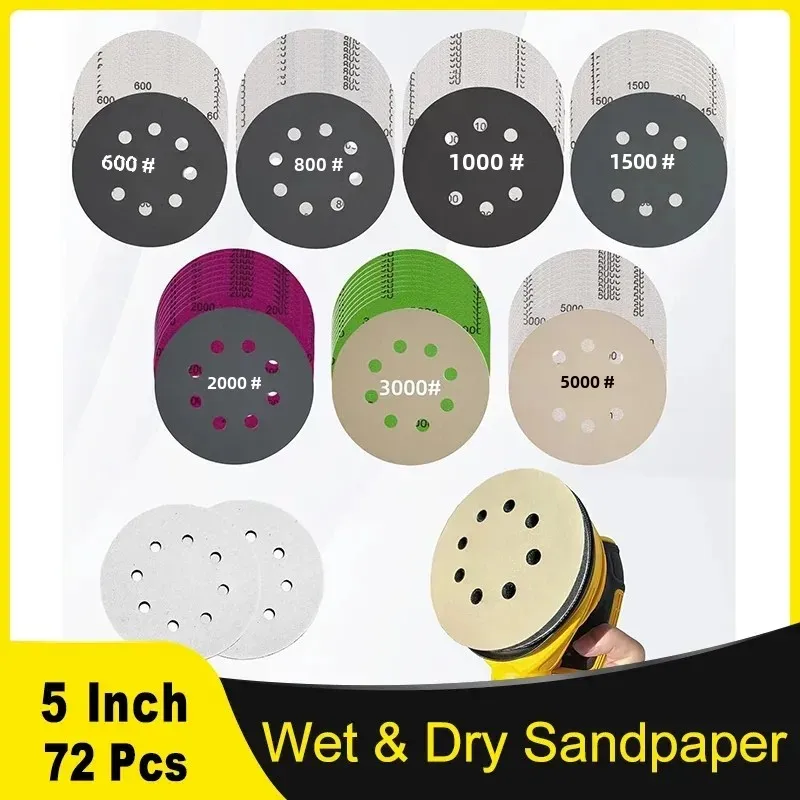 72 Pcs 5 Inch 8 Hole Wet & Dry Sanding Discs Set with Interface Pads for Random Orbital Sander 600- 5000 Grits for Grinding