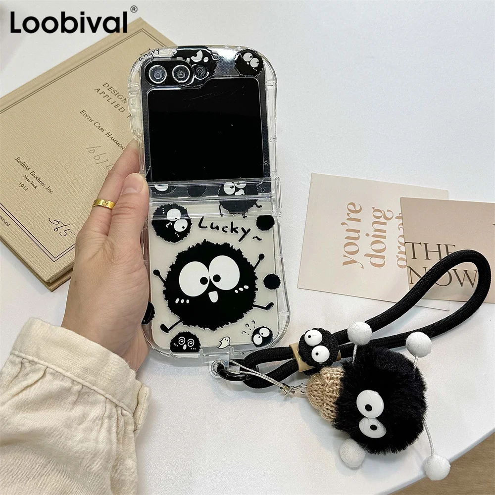 Adorable Coal Ball Plush Lanyard Phone Case with Airbag Frame and Hinge 3-in-1 Cover