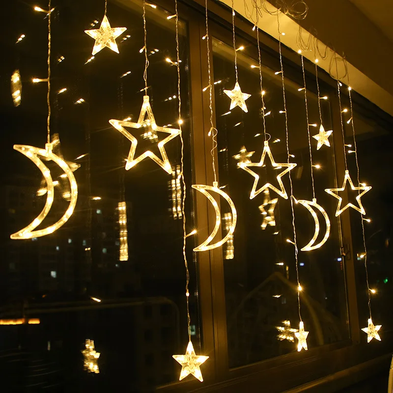 

220V Star Moon LED String Lights Fairy Holiday Lighting Party Decorations for Home Room Curtains Lamp Outdoor Decor Eid Mubarak