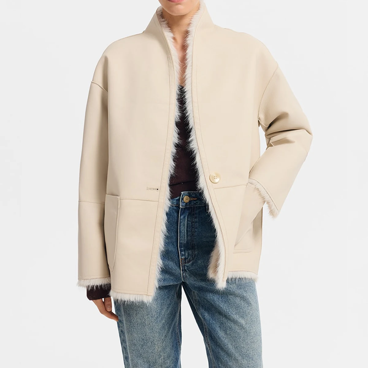 Women's Beige Cropped Fluffy Faux Fur Coat Button Stand Collar Winter Warm Thick Elegant Luxe Chic Outerwear