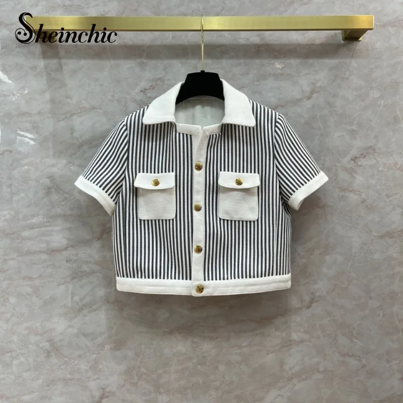 

High Quality Striped Chaquetas Para Mujeres Korean Fashion Short Sleeve Woolen Coat Luxury Autumn Clothes Ropa De Mujer