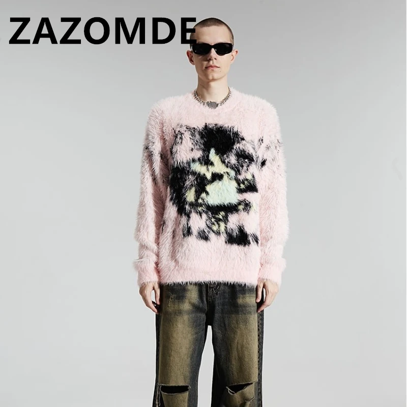 ZAZOMDE Winter Warm Graffiti Plush Sweater Loose Thick Knit Punk Contrast Color Jumper Long Sleeve High Street Sweaters Male Top