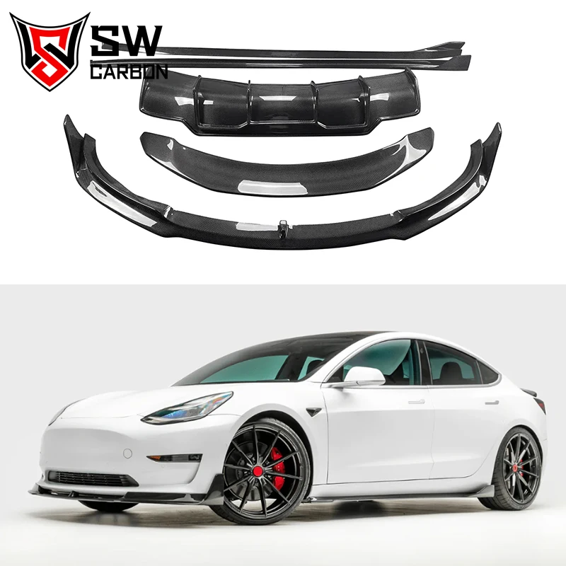 

Carbon Fiber V-Style Body Kit For Tesla Model 3 Front Bumper Lip Separator Side Skirts Rear Bumper Diffuser Rear Wing