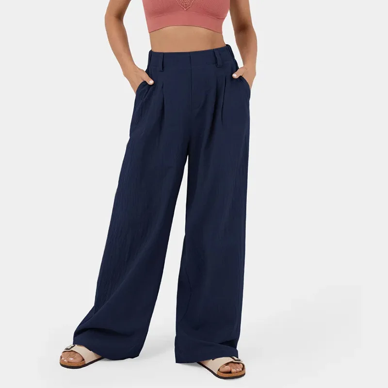 

Summer Women's Cotton Casual Trousers Cosy Thin Straight Pants Female Loose Elastic-Waist Solid Pocket Wide-Leg Pants