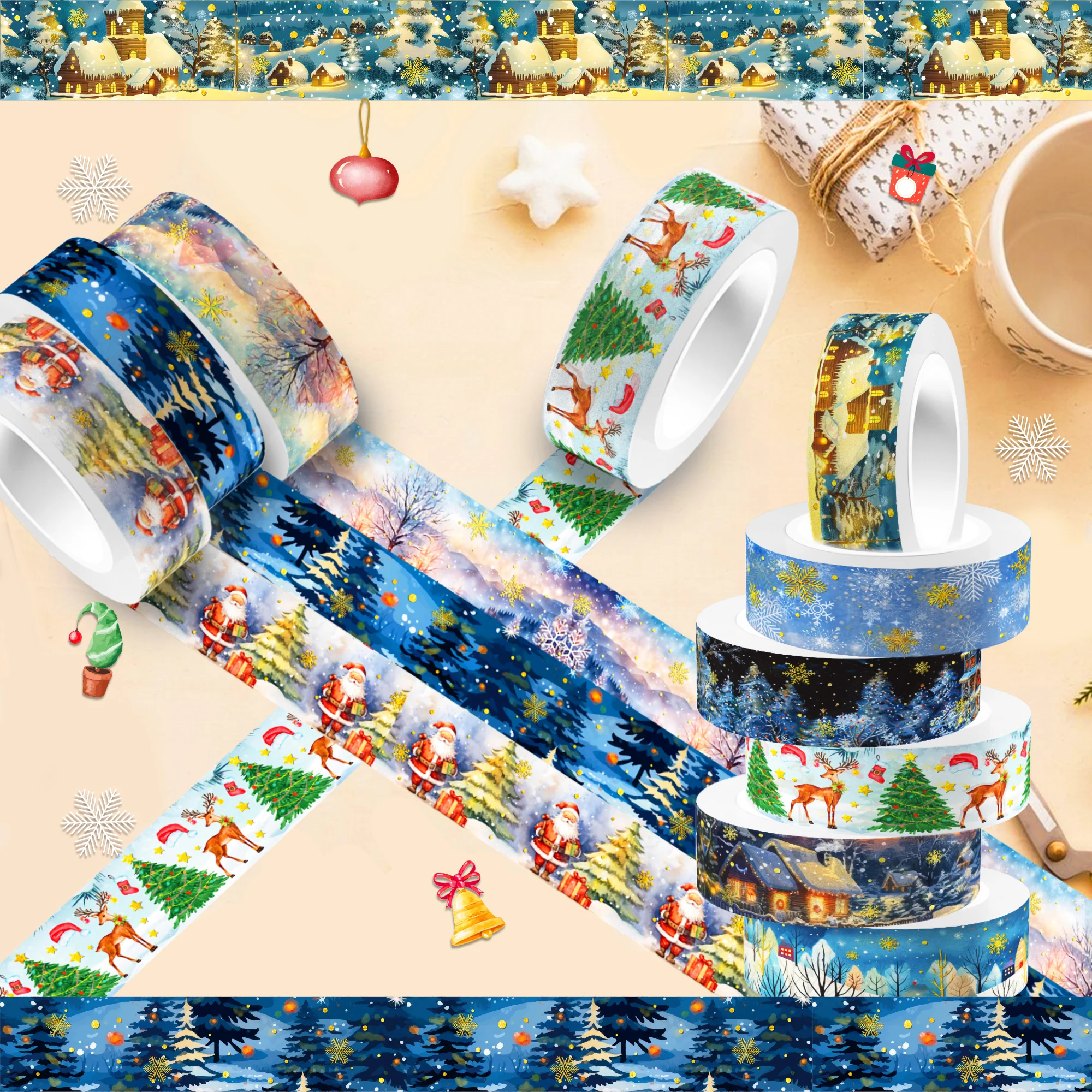 12 Rollen Weihnachten Weihnachtsmann Hirsch Schneeflocke Masking Washi Tape Party Handbuch Etikettenaufkleber für Scrapbooking Tagebuch Journal – Detail 10