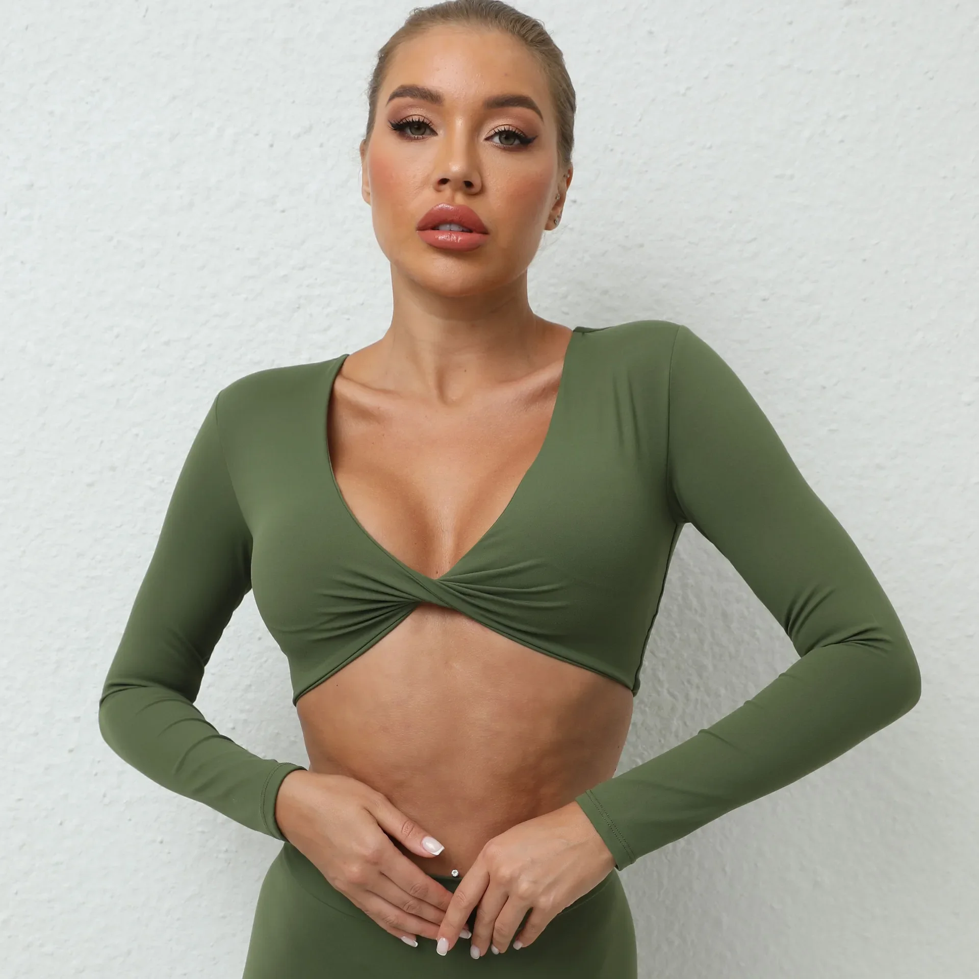 Women Sports Bra V Workout Crop Shirt Quick Dry Padded Gym Sports Fitness Yoga Top Long Sleeve Gym Crop Tops Sportwear
