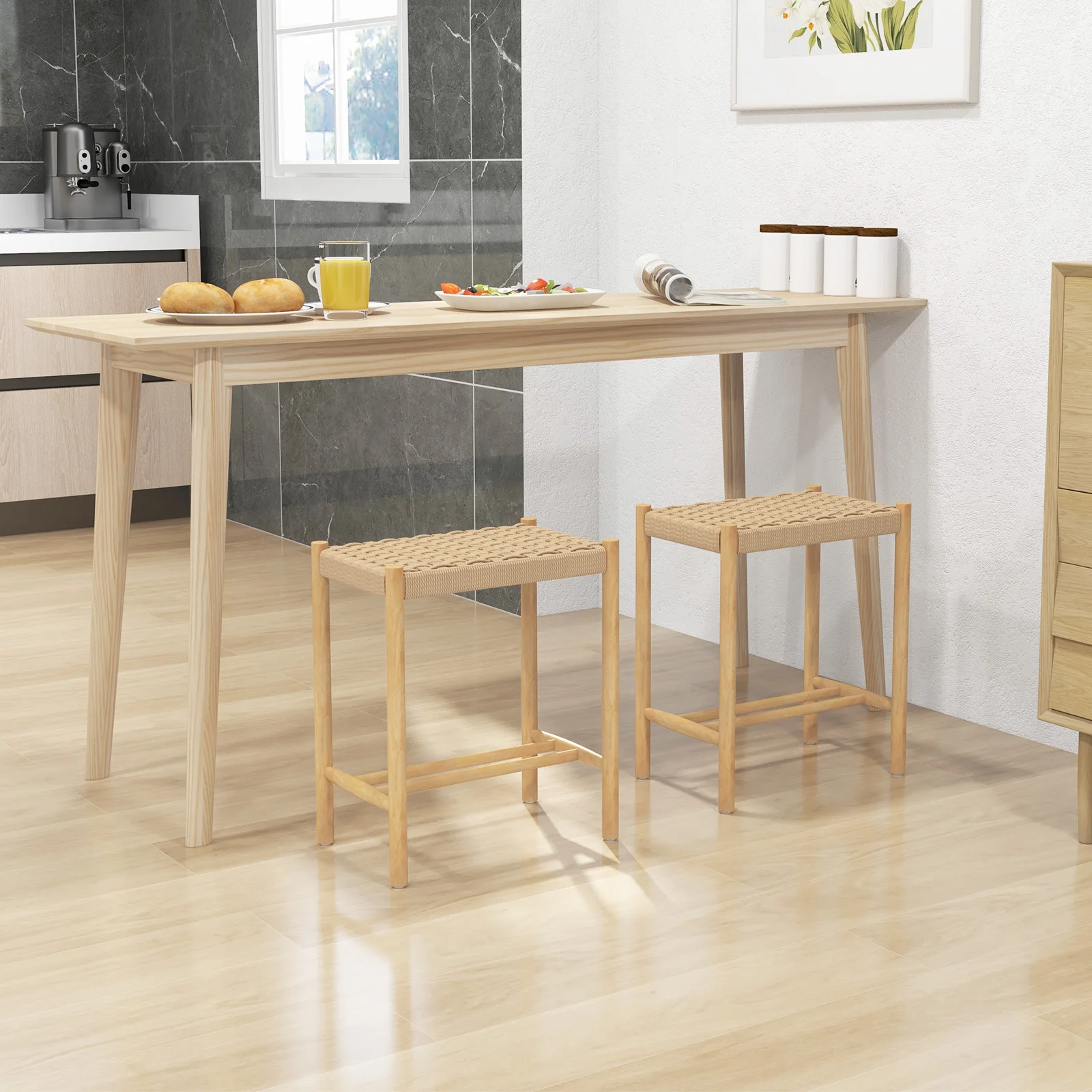 2 Set bar stool Wood, bar chair seat height 45 cm with footrest, braided paper kitchen chair counter stool bistro stool