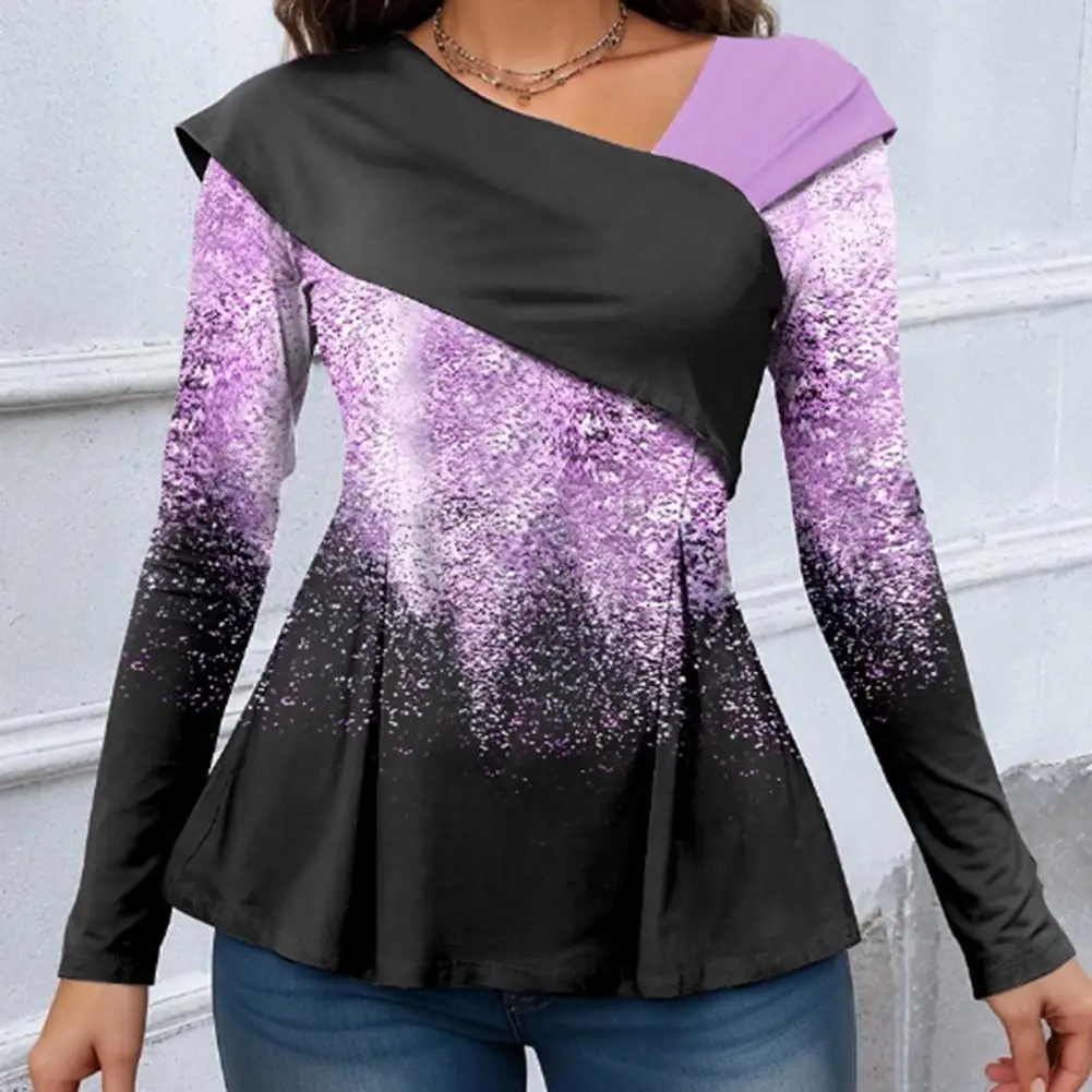 

Women Top Irregular Shiny Sequin Long Sleeve A-line Big Swing Color Oblique V Neck Tight Waist Commute Lady Spring Summer Blouse