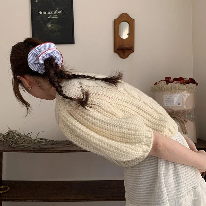 Red Hem Blue Striped Scrunchies Cute Elastic Hair Ties Sweet Fresh Style Hair Bands for Girls Women Fashionable Hair Accessories