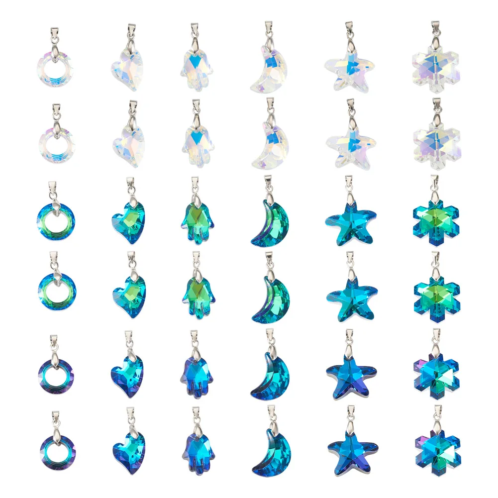 36pcs Mixed Electroplate Glass Pendants Starfish Donut Moon Hand Glass Charms for Earrings Necklace DIY Jewelry Making Findings