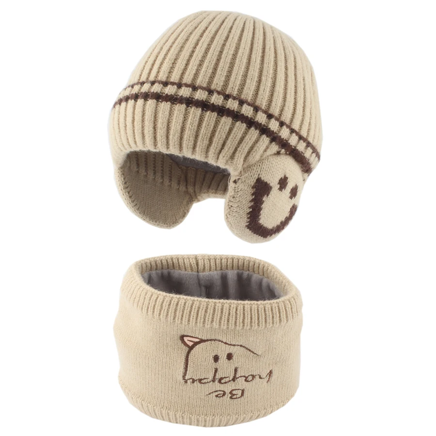 Cartoon Cute Baby Hat Scraf Set Winter Fleece lining Ear Protection Children Cap Outdoor Windproof Warm Knitted Kids Beanie Hats