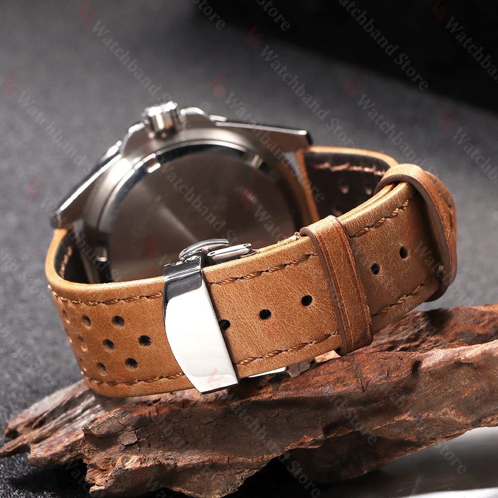 Universal Genuine Cowhide Leather Watch Band with Butterfly Buckle - Vintage-Style Breathable Strap