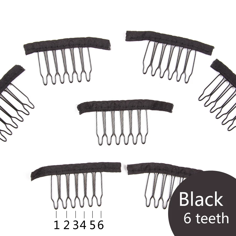 10 Teile/los Perücke Kämme Für Die Herstellung Von Perücke Kappen 4/6/8 Zähne Perücke Clips Stahl Zähne Mit Tuch Für Haarteil perücke Zubehör Werkzeuge Schwarz – Detail 5