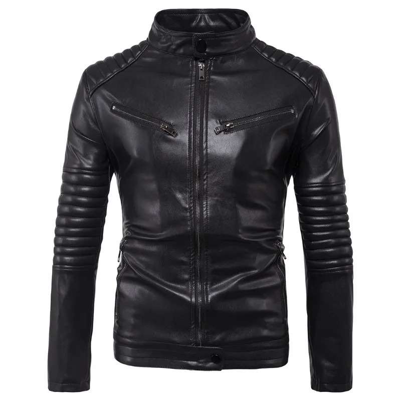 

2023 New Men Fashion Slim-Fitting Biker Leather Coat Men Casual Versatile Solid Color Stand Collar Large Size Leather Jacket