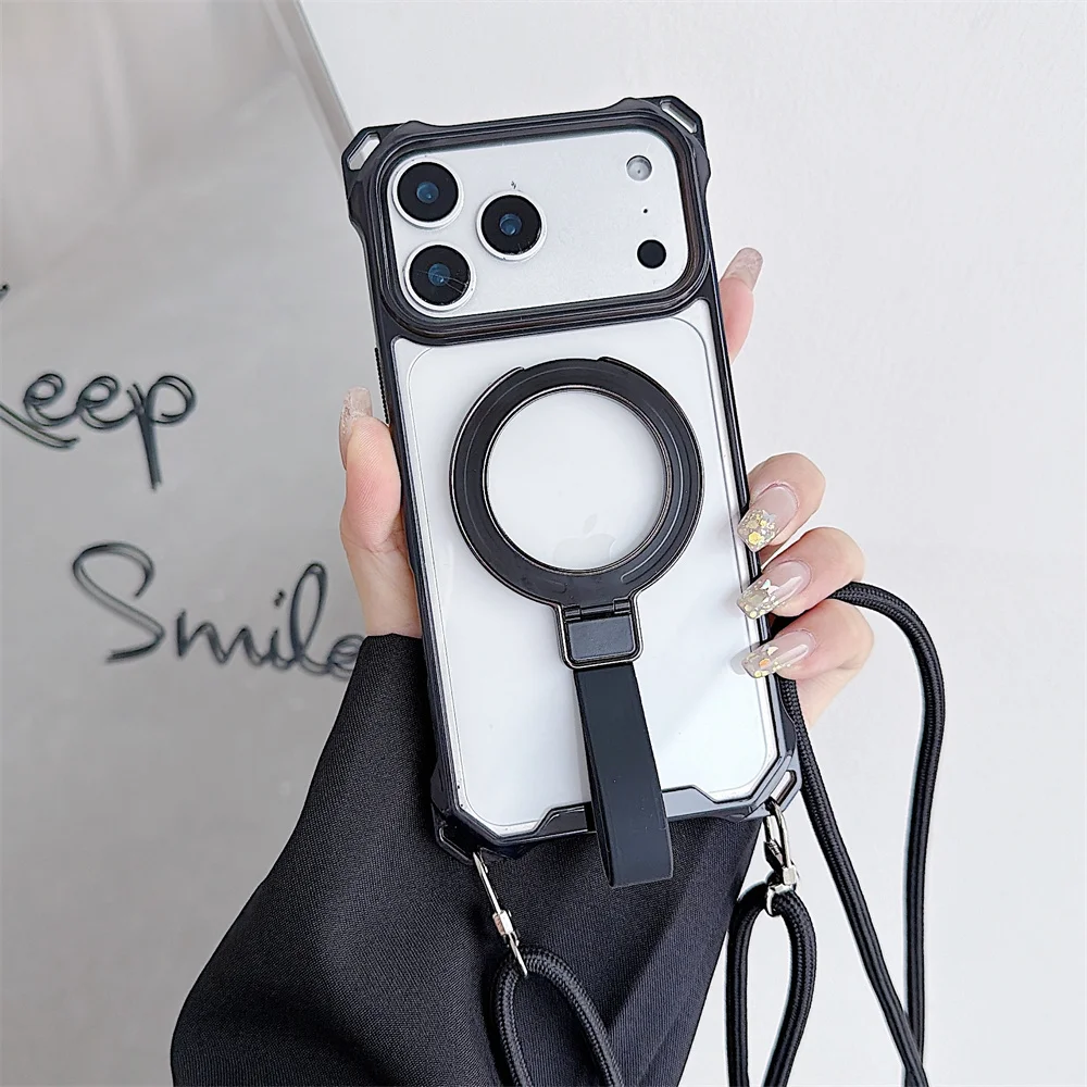 Versatile Crossbody Lanyard Phone Case with Soft Wrist Strap and Magnetic Stand - Clear Acrylic Armor Cover