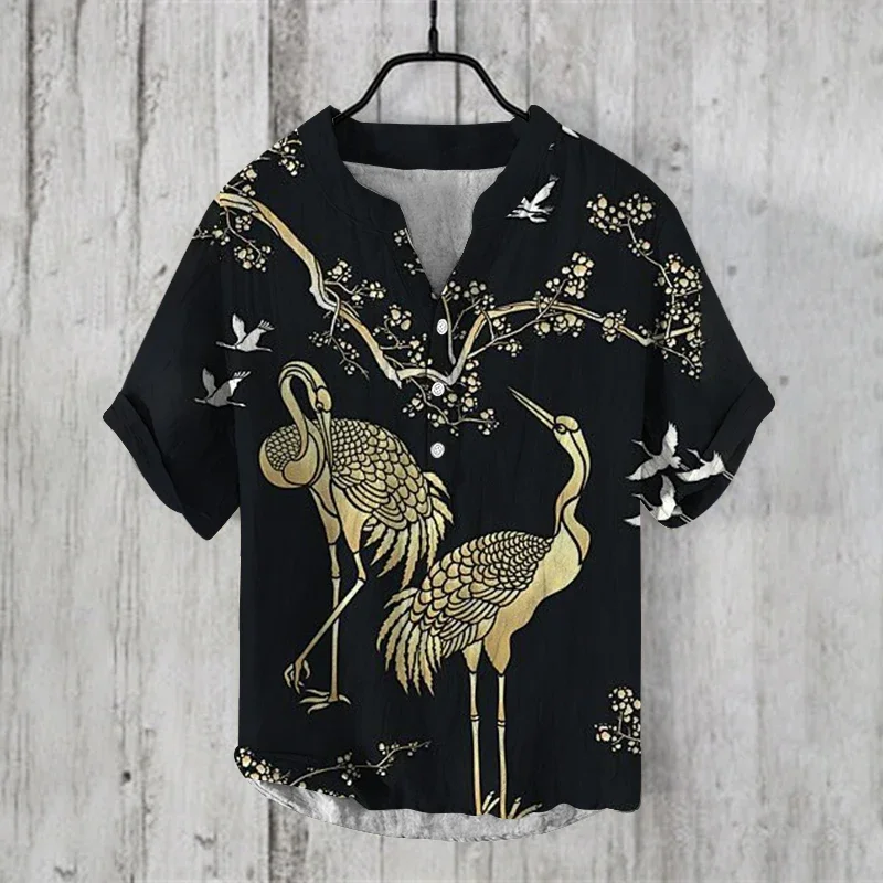 2024 Summer Japanese Pattern v- neck T Shirt Mens 3D Print Street  henley Shirt Vintage Short Sleeve Shirt Mens Clothing