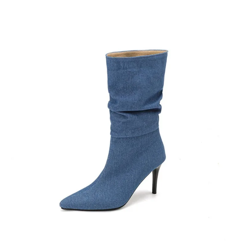 

2023 Fashion New Pointed Toe Thin Heel Denim Boots with Mid Sleeve Fold 7.5cm High Women's Shoe Jean Shoes for Women
