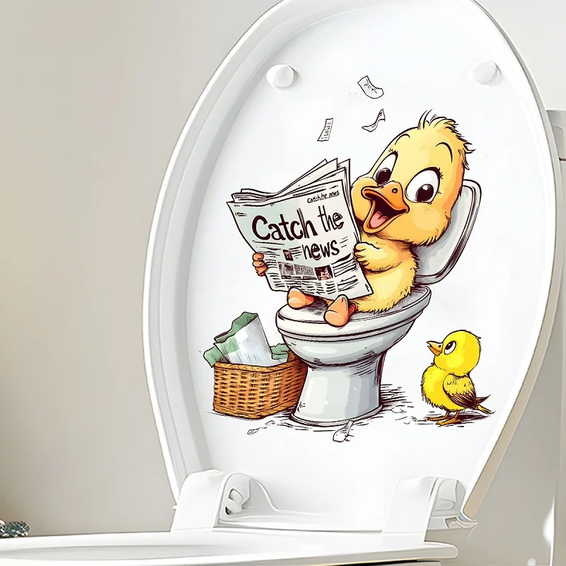 Funny Little Yellow Duck Reading Newspaper Toilet Sticker Seat Cover Self-adhesive Toilet Tank Bathroom Stickers