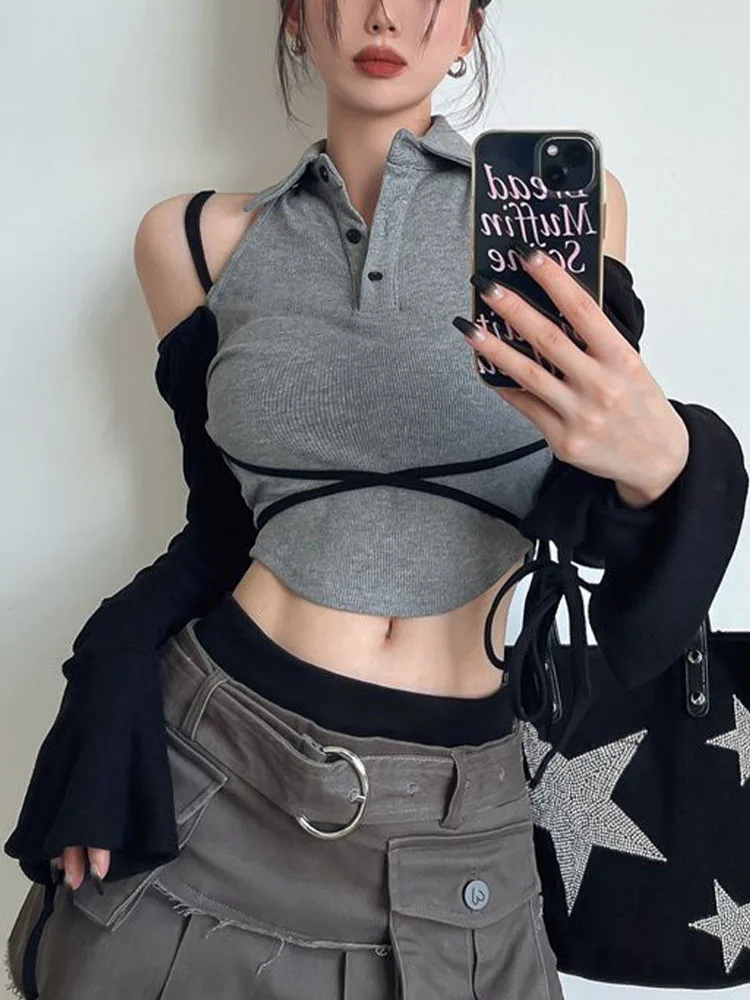Korean Fashion Patchwork T Shirt Women Spring Long Sleeve