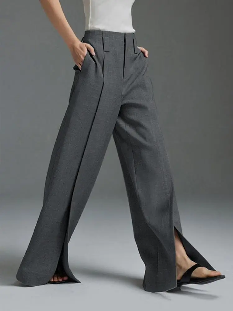 Lemongor Urban Office Lady Fashion Split-Front Pleated Wide Leg Suit Pants Spring Autumn High-Waisted Casual Trousers For Women