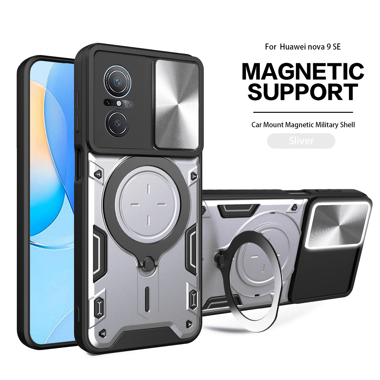 Heavy Duty Rugged Armor Phone Case with Magnetic Bracket and Slide Camera Protection Cover
