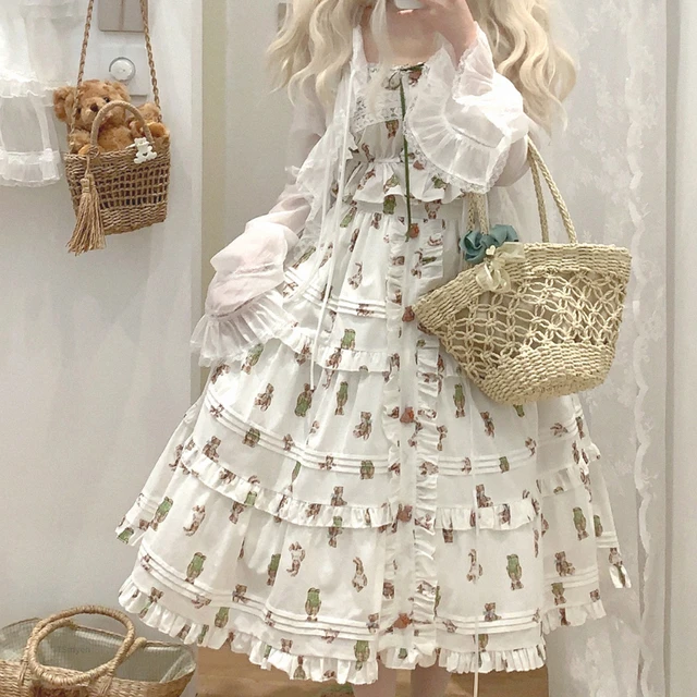 Terno de saia Lolita bordada com urso estilo doce Kawaii - Loja de moda  Kawaii