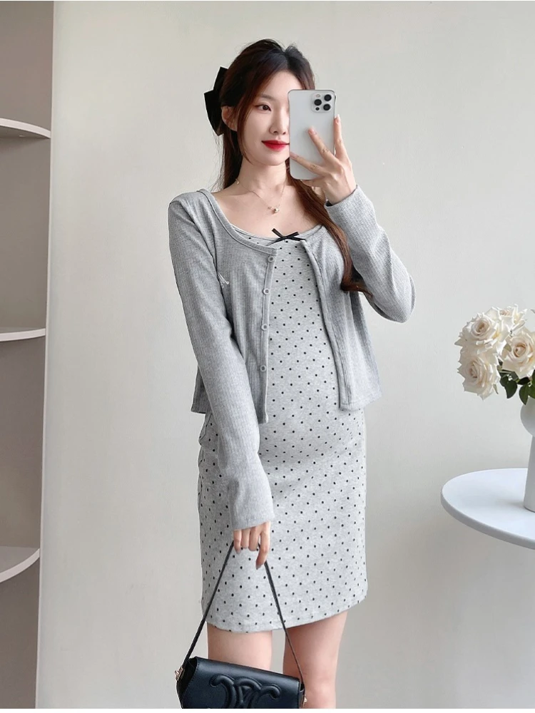 2026 봄 임부복 세트 그레이 긴팔 가디건+폴카 도트 스트랩 드레스 임산부 의류 세트