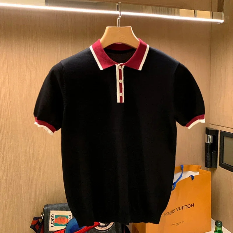 

Мужская трикотажная рубашка-поло, Повседневная тонкая Однотонная рубашка-поло с отложным воротником и короткими рукавами, модель A91, лето 2023