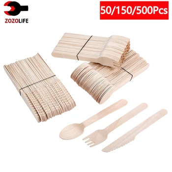 10/150/500 pezzi posate in legno usa e getta forchette/cucchiai/tagliere coltello forniture per feste utensili da cucina dessert stoviglie imballaggio 16 cm 1