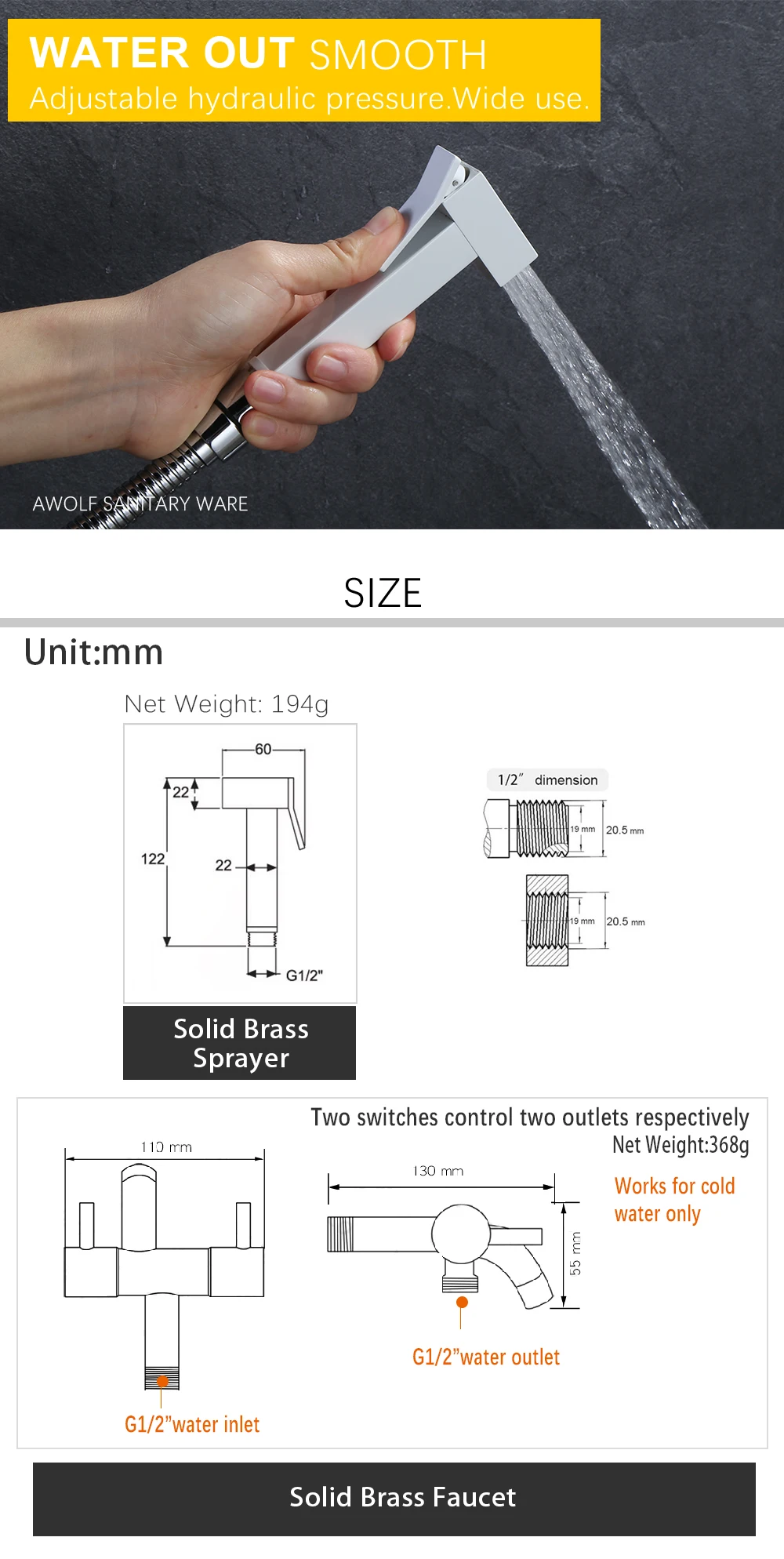 Description Picture 3 of itemAwolf White Bidet Faucet Solid Brass Handheld Toilet Bidet Sprayer Dual handle Dual Outlet Filling Valve Shattaf Shower AP2223