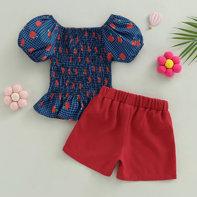 

6M-4T Kids Girls 2Pcs Casual Apple Print Elastic Top Short Sleeve T-Shirt and Elastic Shorts Set Summer Birthday Costumes