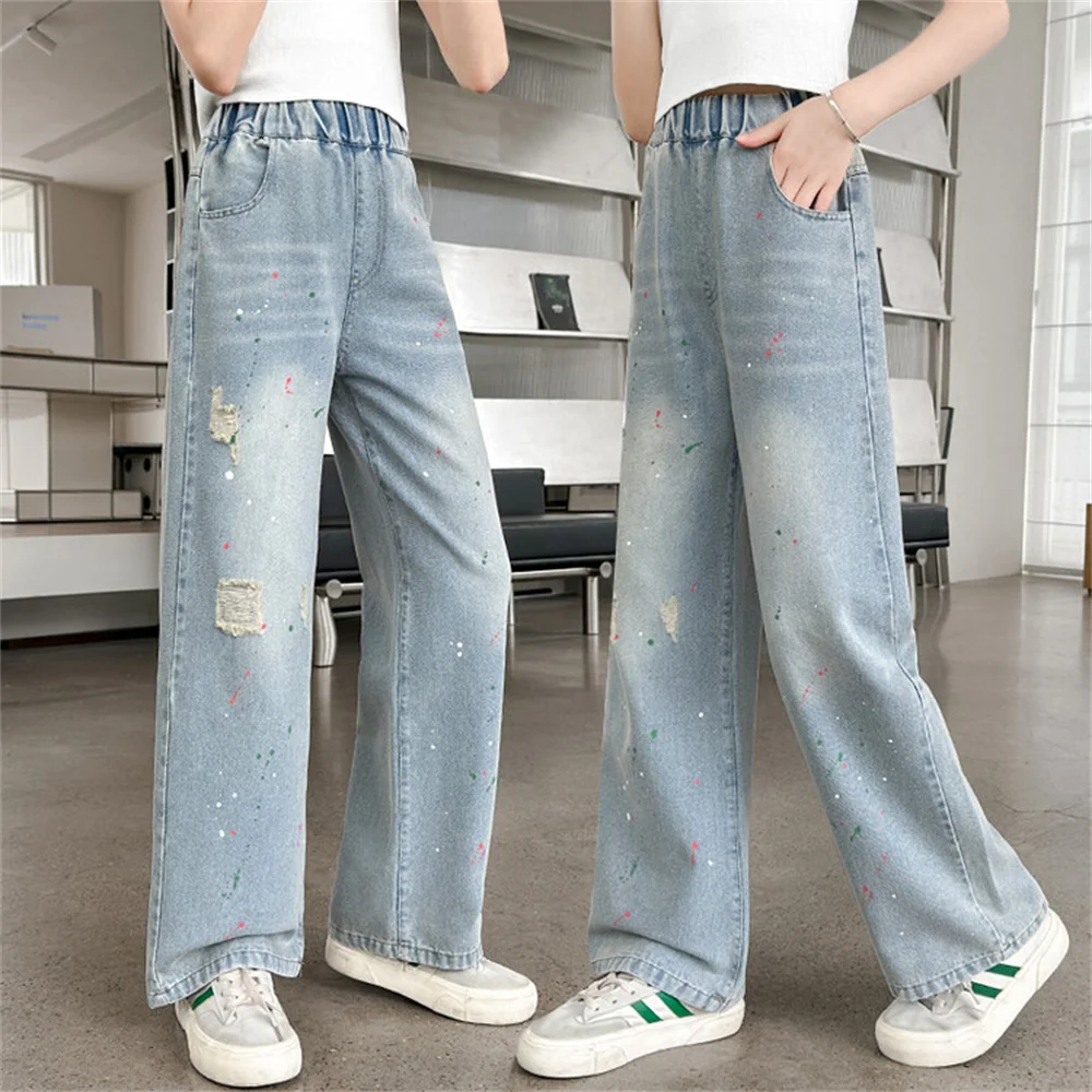 

Graffiti Distressed Jeans Children's Jeans Summer Thin Denim Wide Leg Pants Denim Straight Leg Pants Girls' Jeans