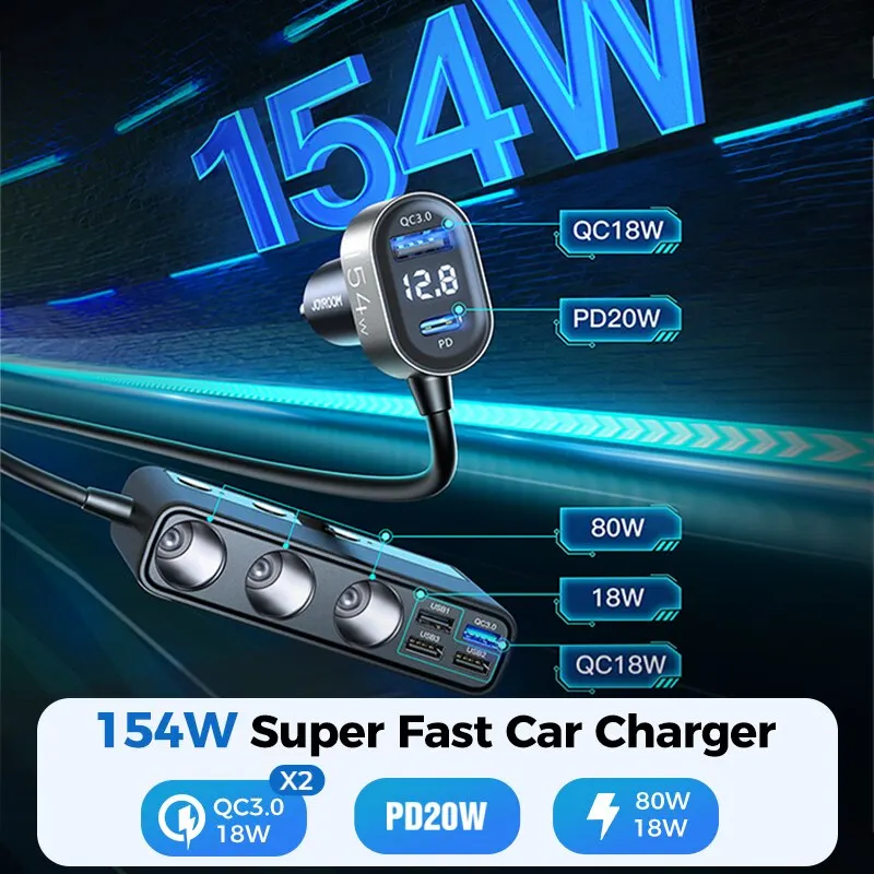 Car Charger Joyroom 154W 9 in 1 PD 3 Socket Cigarette Lighter Splitter Charge Independent Switches DC Cigarette Outlet