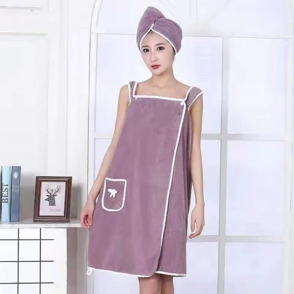 

Coral Fleece Bath Dress Wearable Towel Hair Drying Cap Quick-Dry Cute Bow Pocket Suspenders Soft Wrap Chest for Women Girls