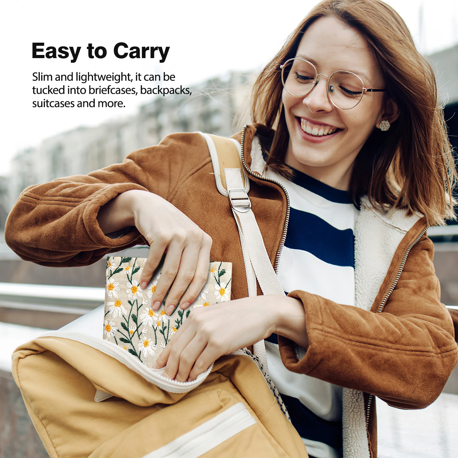 Embroidered Daisy Padded Sleeve Pouch