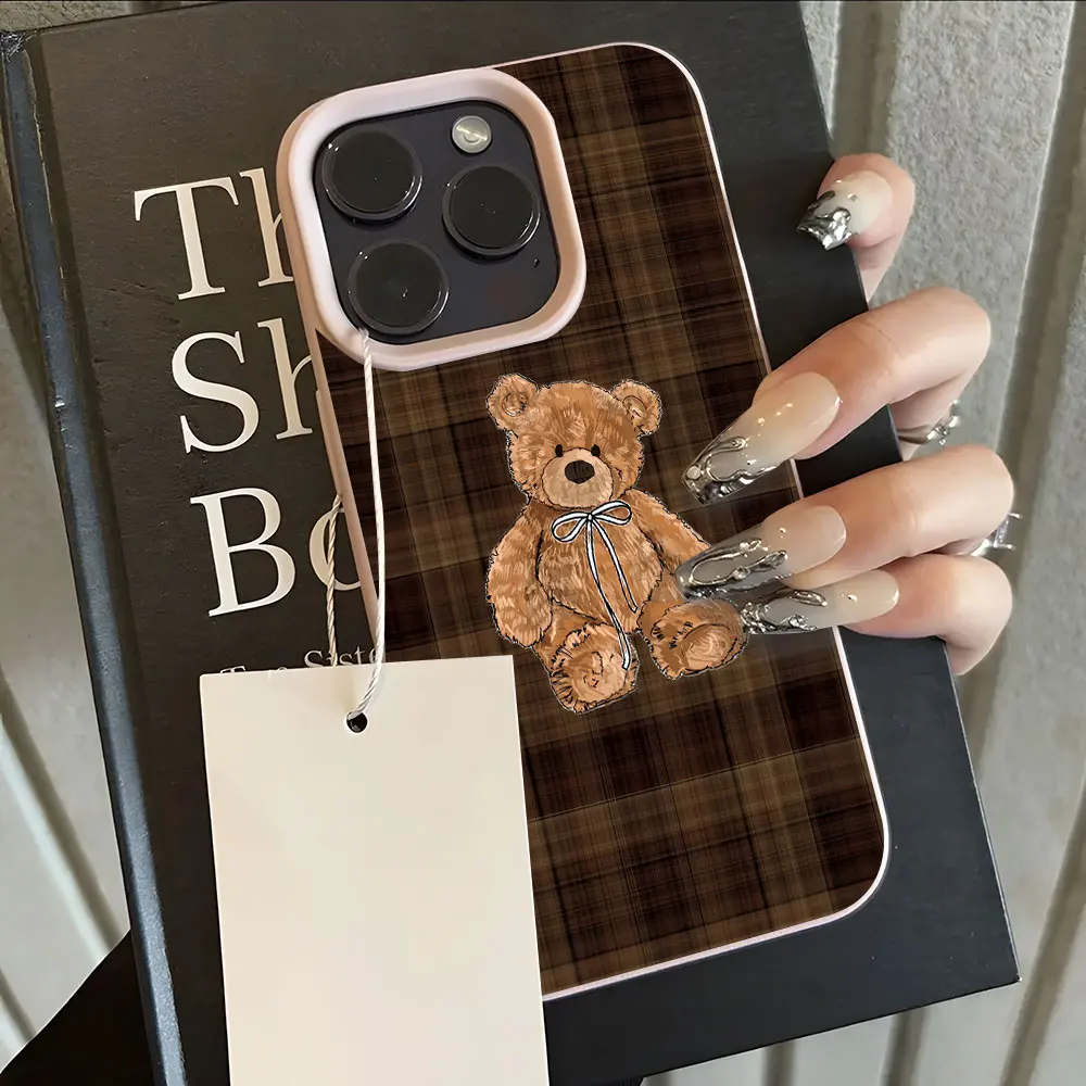 Retro Plaid Cute Bear Pattern Lychee Soft Phone Case Cover