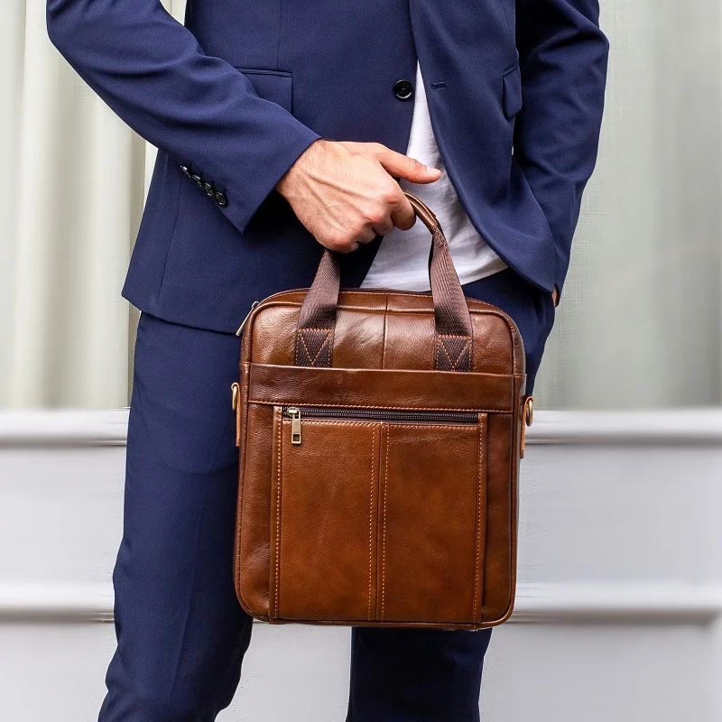 Genuine Leather Vertical Men's Briefcase Vintage Business Handbag Office Male Shoulder Messenger Bag