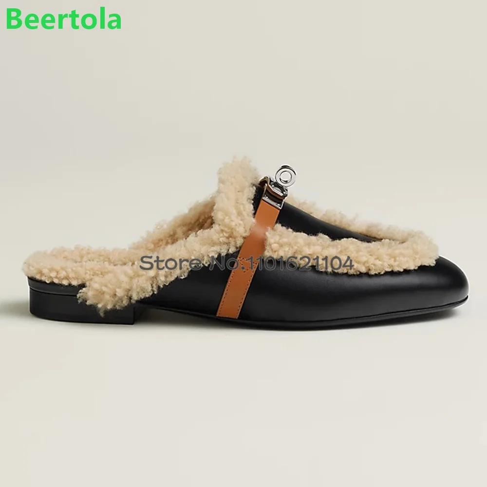 Fur Round Toe Metal Buckle Luxury Design Slippers For Female Women 2023 New Flat With Autumn And Winter Outisde Mules Shoes